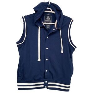 American Rag Hoodie Vest Mens Large Blue‎ Sleeveless Snap Front Varsity Striped